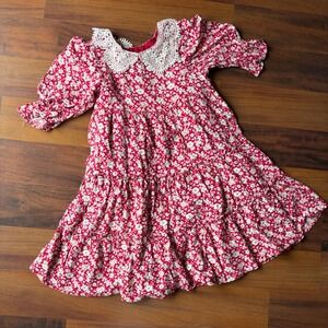 Pippa & Julie Girls Red Floral Tiered Dress Lace Crochet Collar Size 6